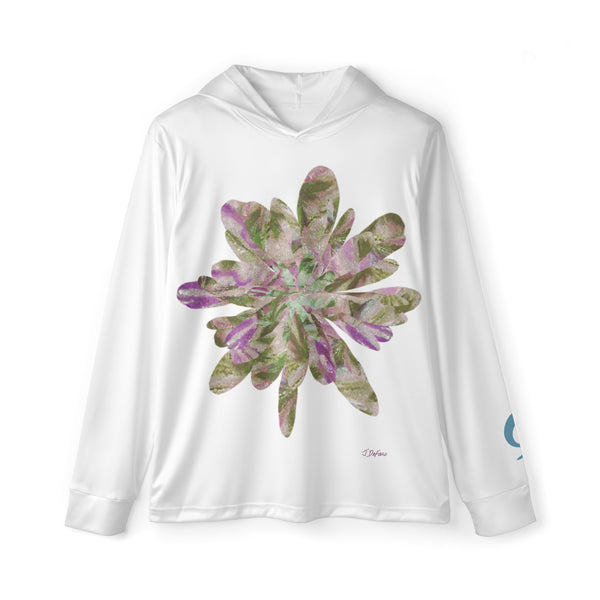 White hoodie with a colorful floral design on a white background