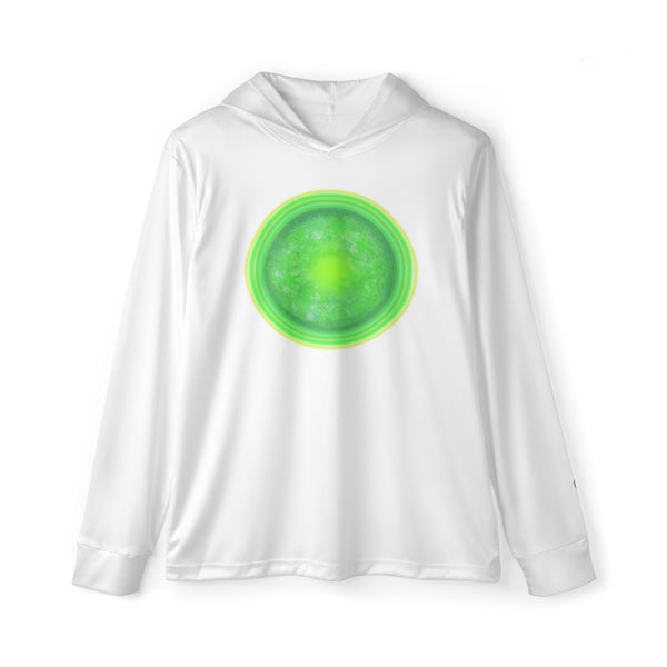 white hoodie with green circular sun on white background
