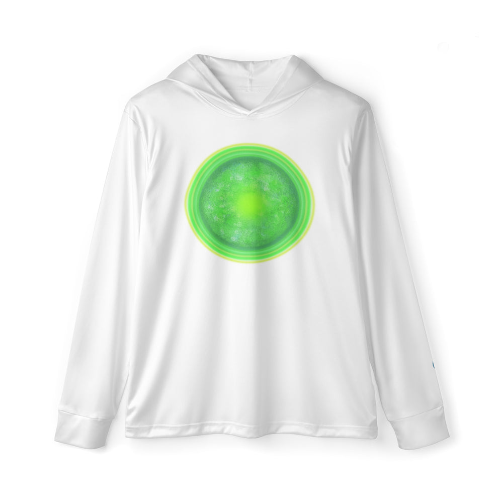 white hoodie with green circular sun on white background