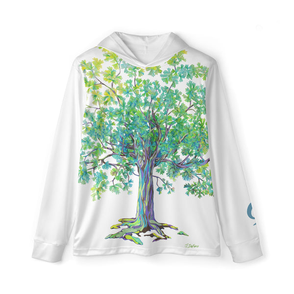 White hoodie with colorful tree on white background