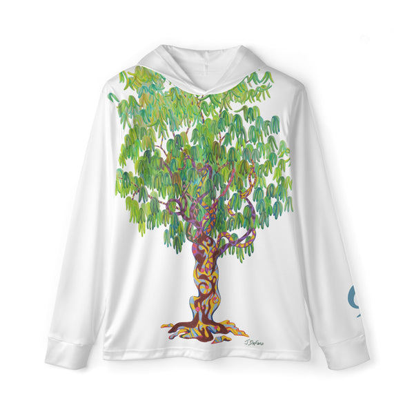 White hoodie with a colorful tree design on a white background