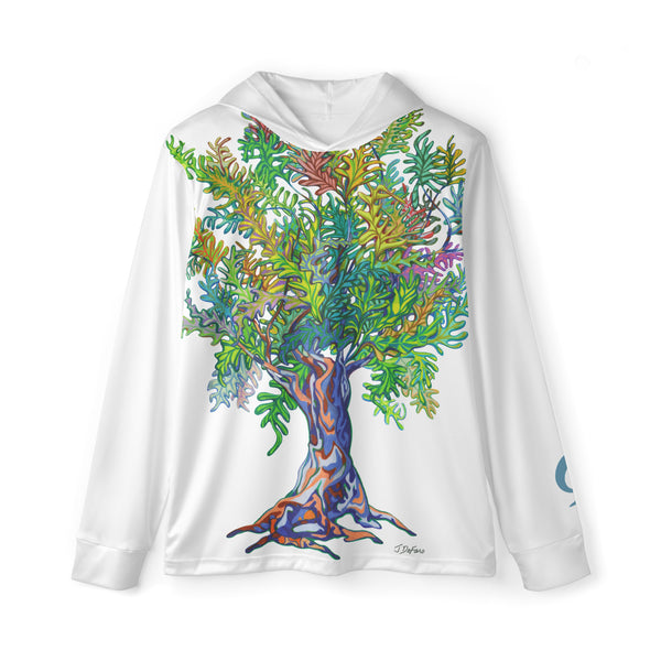white hoodie with colorful tree on white background