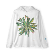 White hoodie with a colorful leaf design on a white background