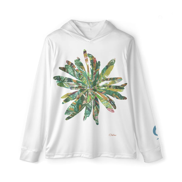White hoodie with a colorful leaf design on a white background