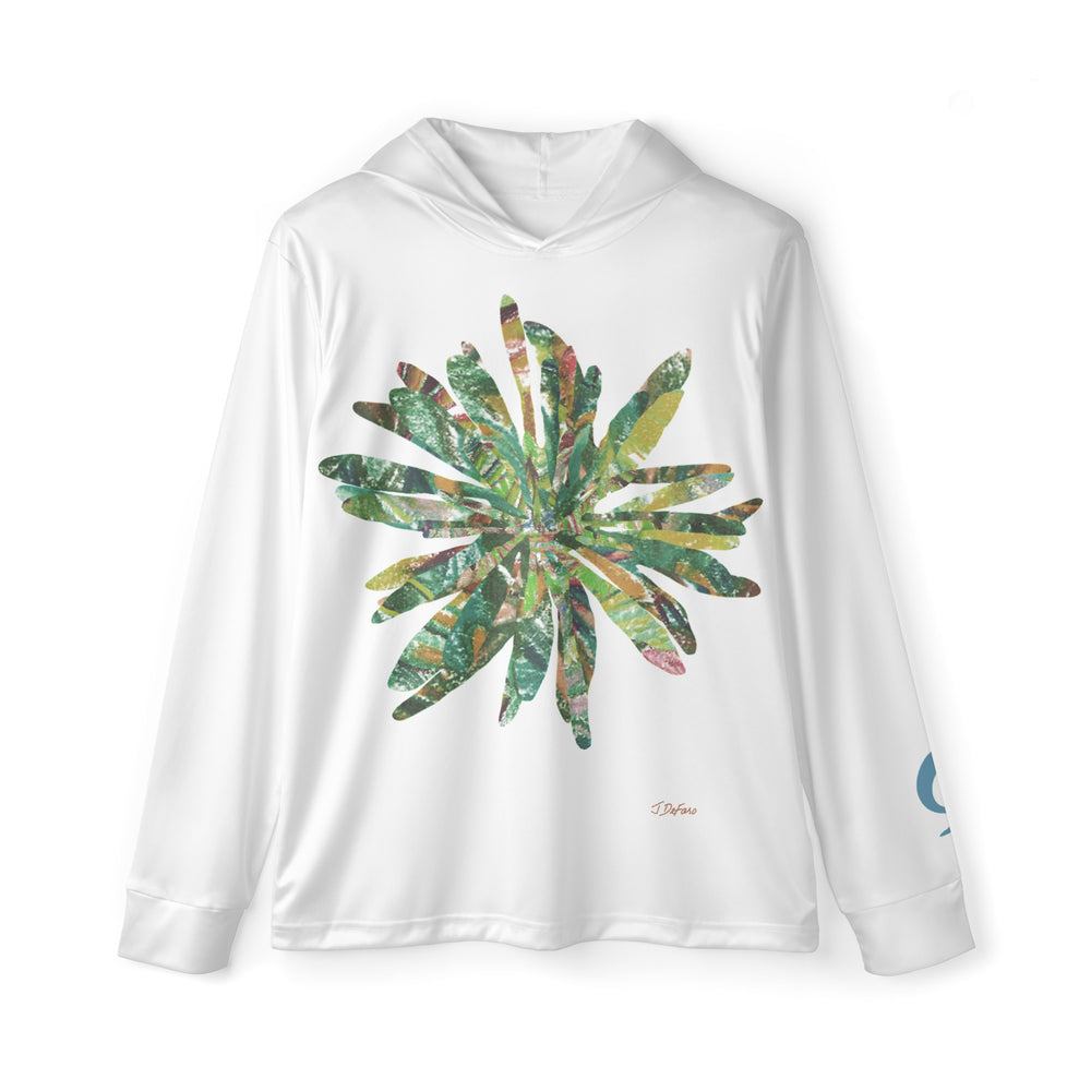 White hoodie with a colorful leaf design on a white background