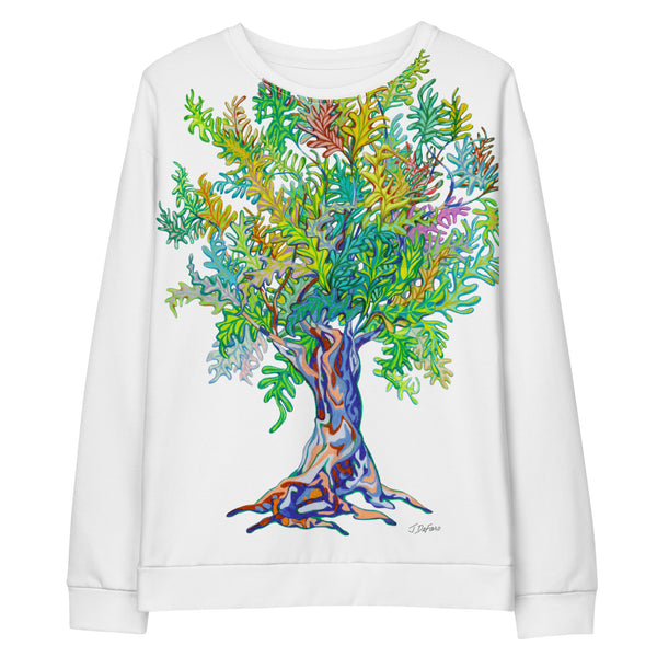White sweatshirt with a large colorful tree design on a white background
