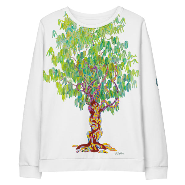 White sweatshirt with a large colorful tree design on a white background
