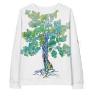 White sweatshirt with a large colorful tree design on a white background
