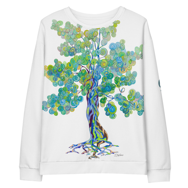 White sweatshirt with a large colorful tree design on a white background