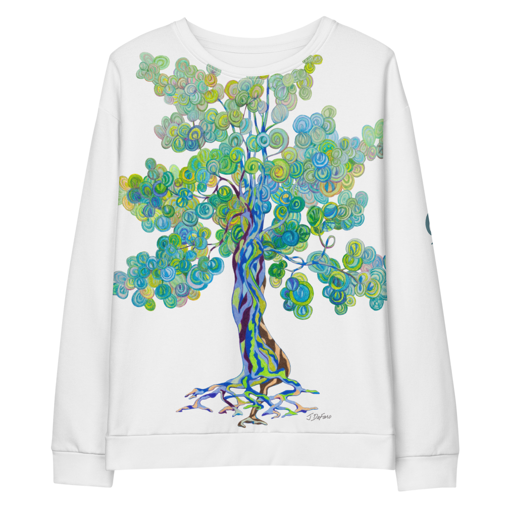 White sweatshirt with a large colorful tree design on a white background