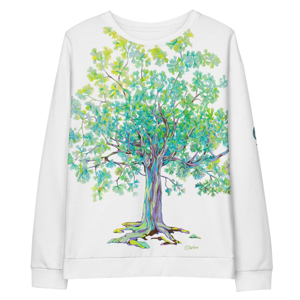 White sweatshirt with a large colorful tree design on a white background