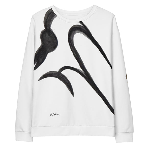 White sweatshirt with black odd bird on white background