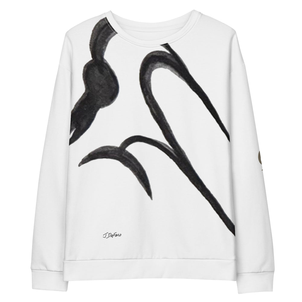 White sweatshirt with black odd bird on white background