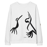 White sweatshirt with black graphic talking birds on white background