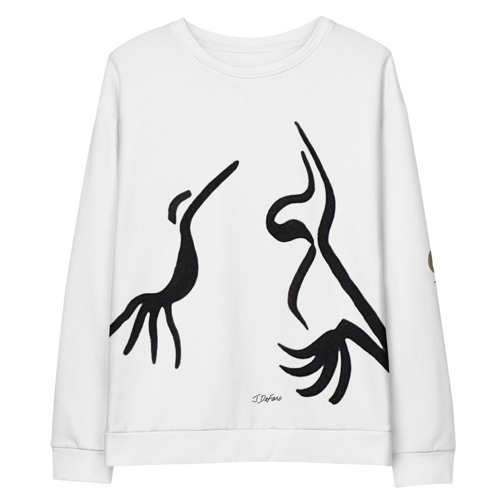White sweatshirt with black graphic talking birds on white background
