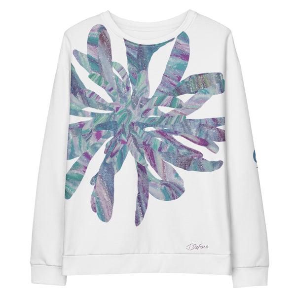 White sweatshirt with graphic collage flower in white background