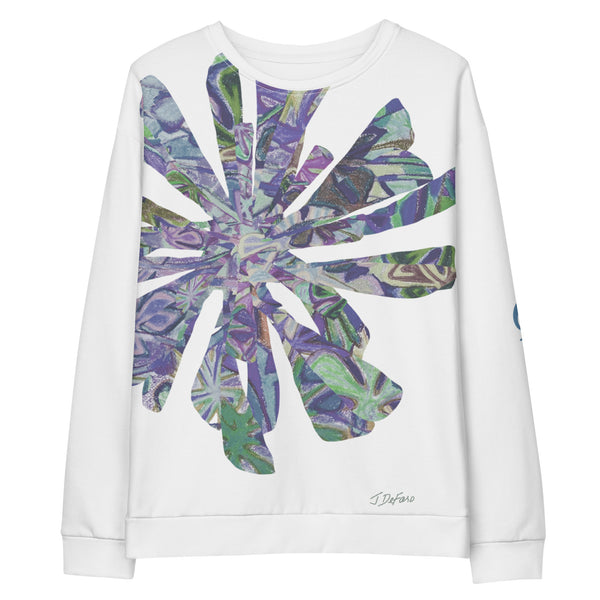 White sweatshirt with colorful graphic collage flower in white background