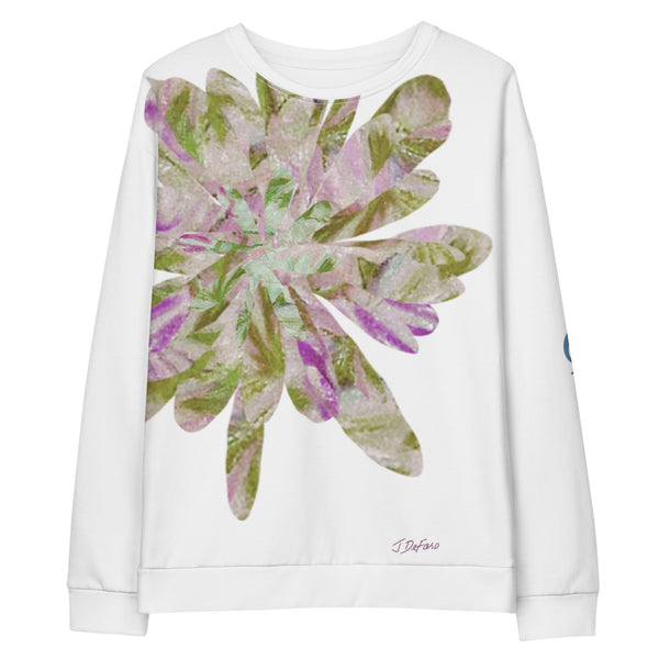 White sweatshirt with graphic collage flower in white background
