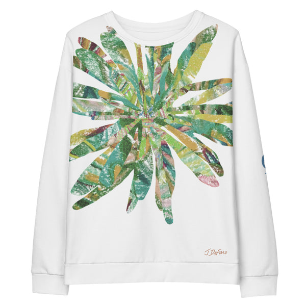 White sweatshirt with graphic collage flower on white background