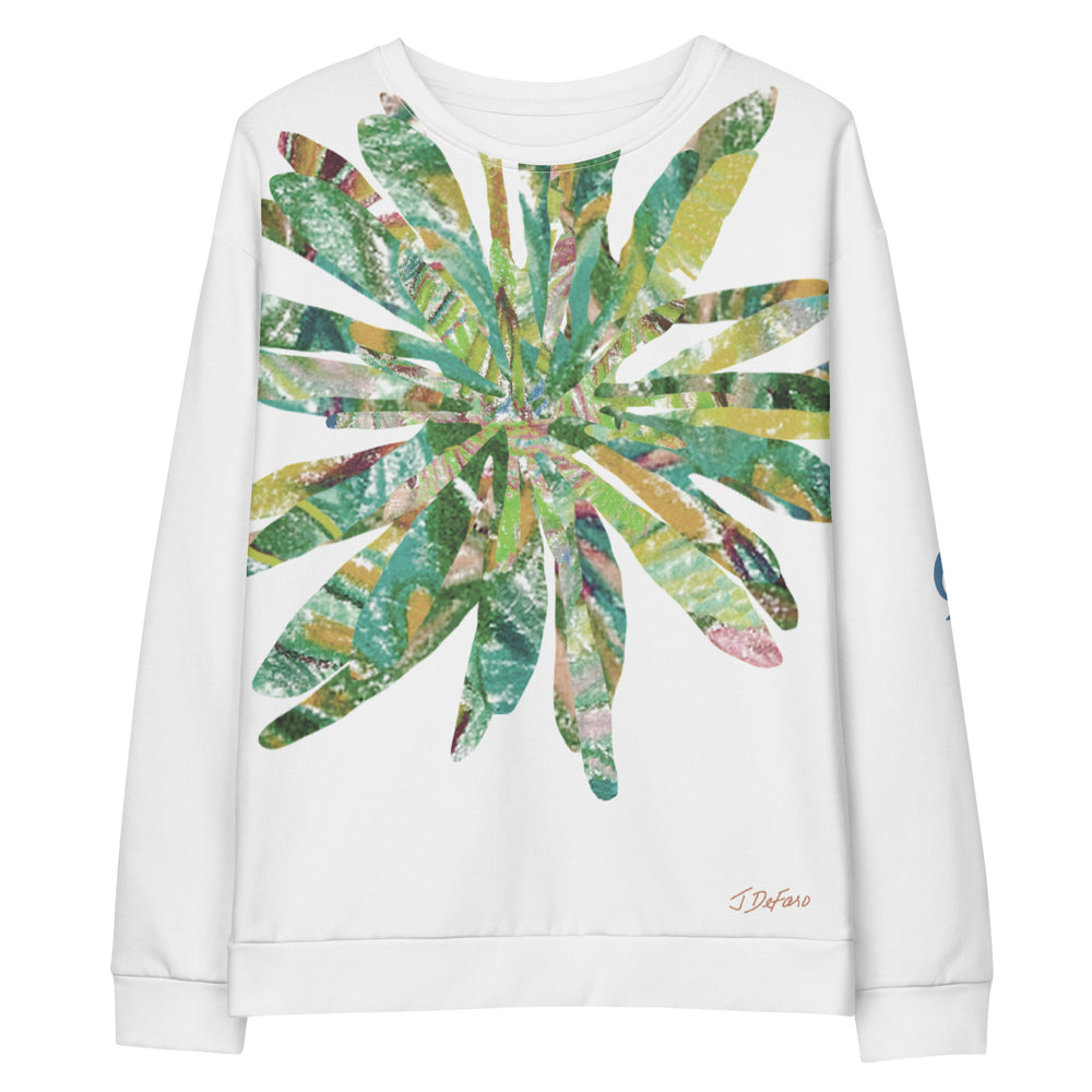 White sweatshirt with graphic collage flower on white background