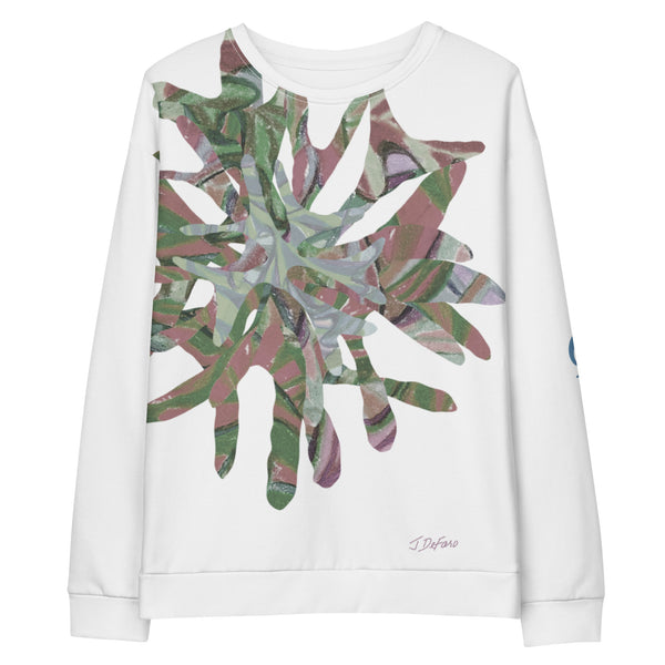 White sweatshirt with graphic collage flower in white background