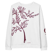 White sweatshirt with red leaf-like design on a white background