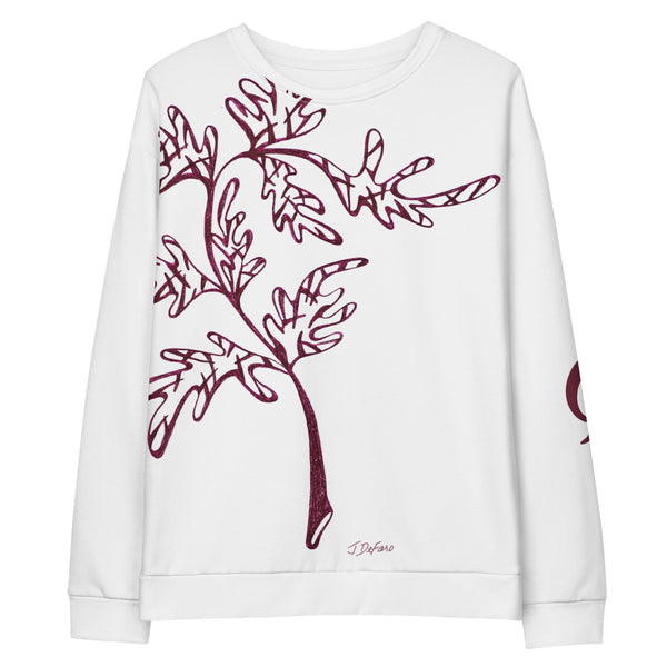 White sweatshirt with red leaf-like design on a white background