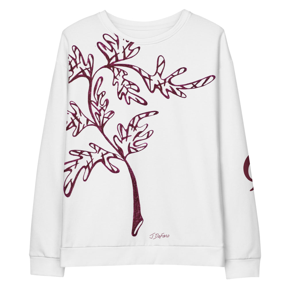 White sweatshirt with red leaf-like design on a white background