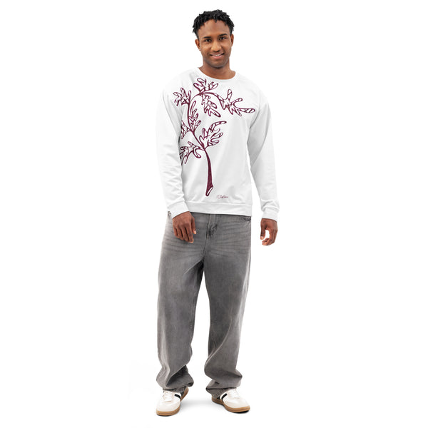 Man wearing a white sweatshirt with a cranberry leaf design and gray pants on a white background