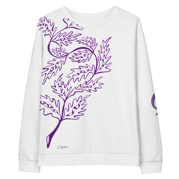 White sweatshirt with purple leaf design on a white background