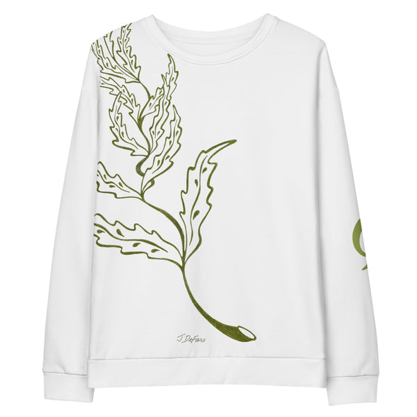 White sweatshirt with branch and leaves on white background