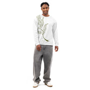 Man wearing a white sweatshirt with a plant design and gray pants on a white background