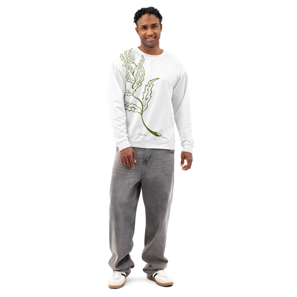 Man wearing a white sweatshirt with a plant design and gray pants on a white background