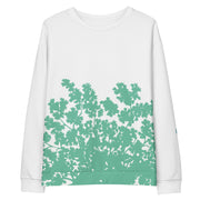 White sweatshirt with graphic leaves on white background