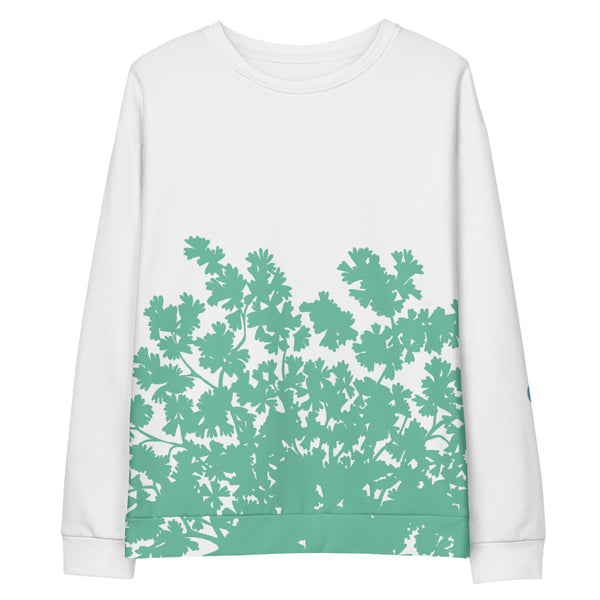 White sweatshirt with graphic leaves on white background