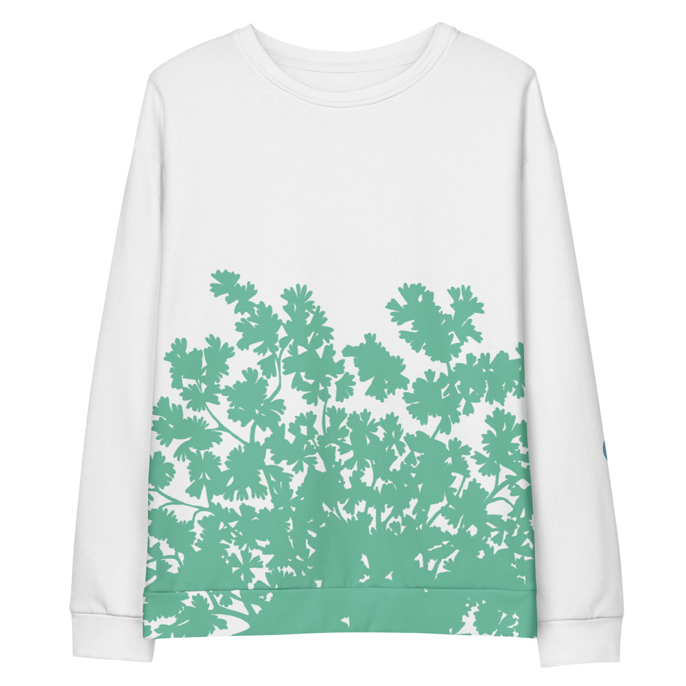 White sweatshirt with graphic leaves on white background