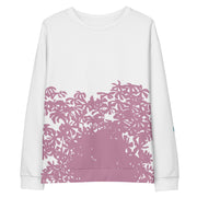 White sweatshirt with graphic leaves on white background