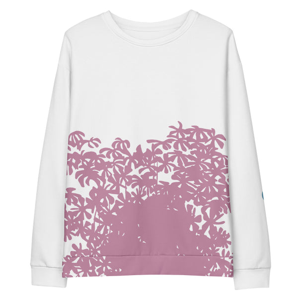 White sweatshirt with graphic leaves on white background