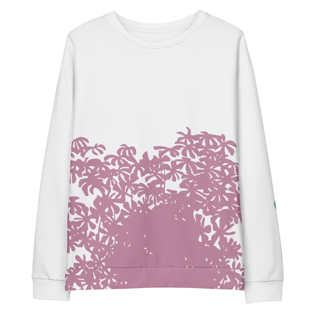 White sweatshirt with graphic leaves on white background
