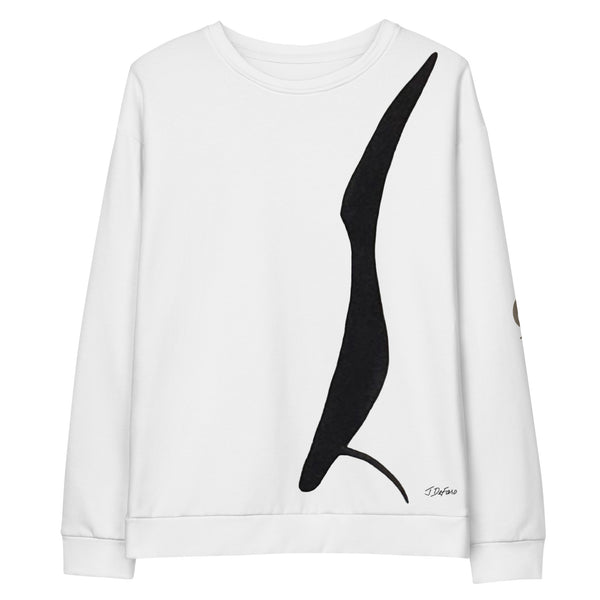 White sweatshirt with black tall bird graphic on white background