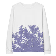 White sweatshirt with graphic leaves on white background