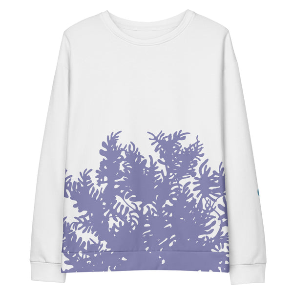 White sweatshirt with graphic leaves on white background