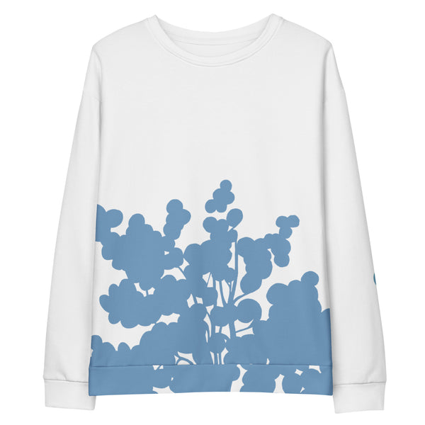 White sweatshirt with graphic leaves on white background