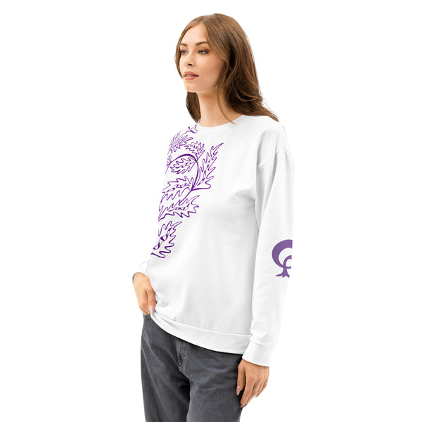 Woman wearing a white long-sleeve shirt with purple leaf design on a white background