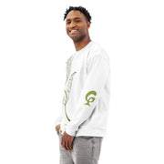 Man wearing a white sweatshirt with green graphics on a white background