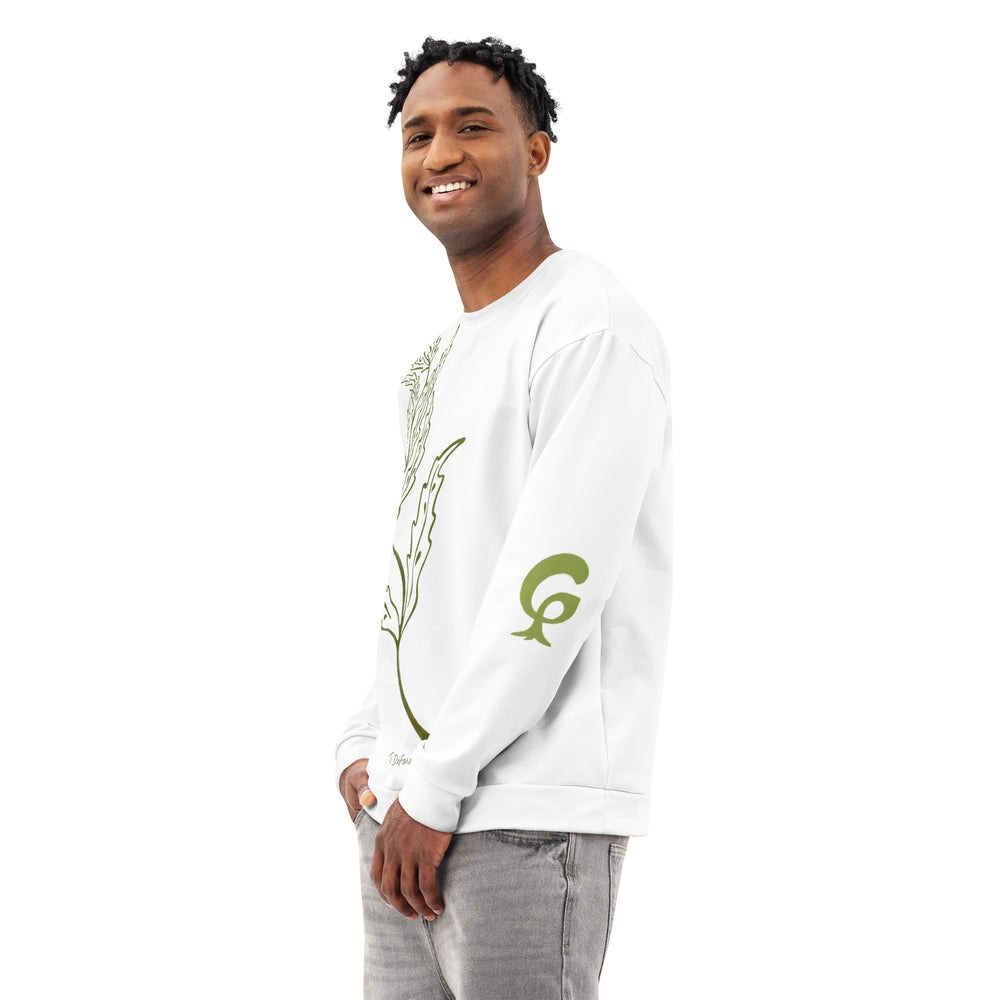 Man wearing a white sweatshirt with green graphics on a white background