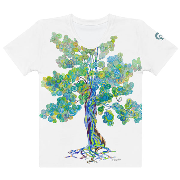 White t-shirt with large colorful tree design on a white background