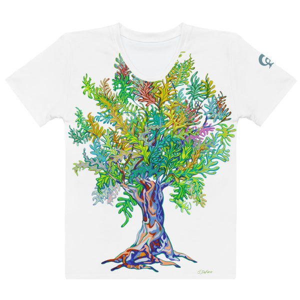 White t-shirt with large colorful tree design on a white background