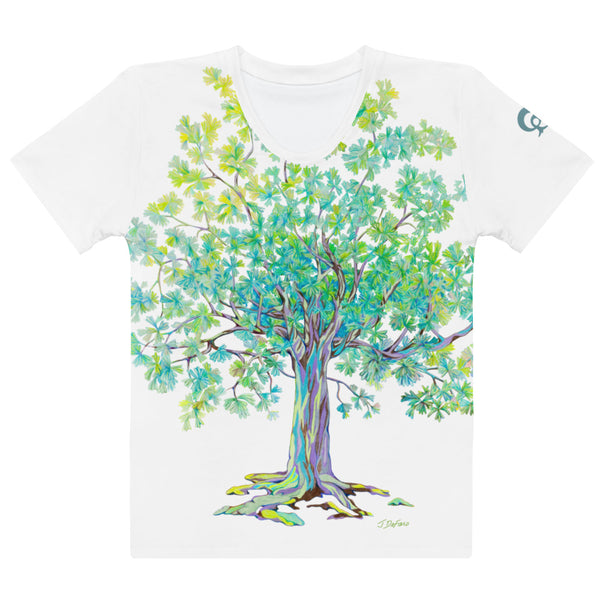 White t-shirt with large colorful tree design on a white background
