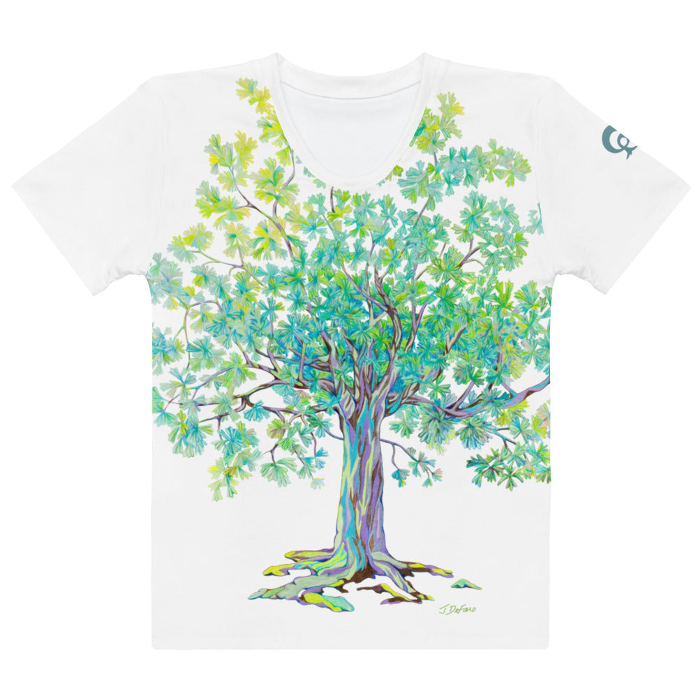White t-shirt with large colorful tree design on a white background